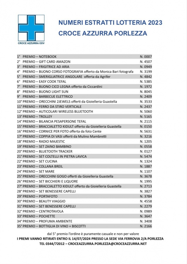 ESTRAZIONE BIGLIETTI LOTTERIA PORLEZZA